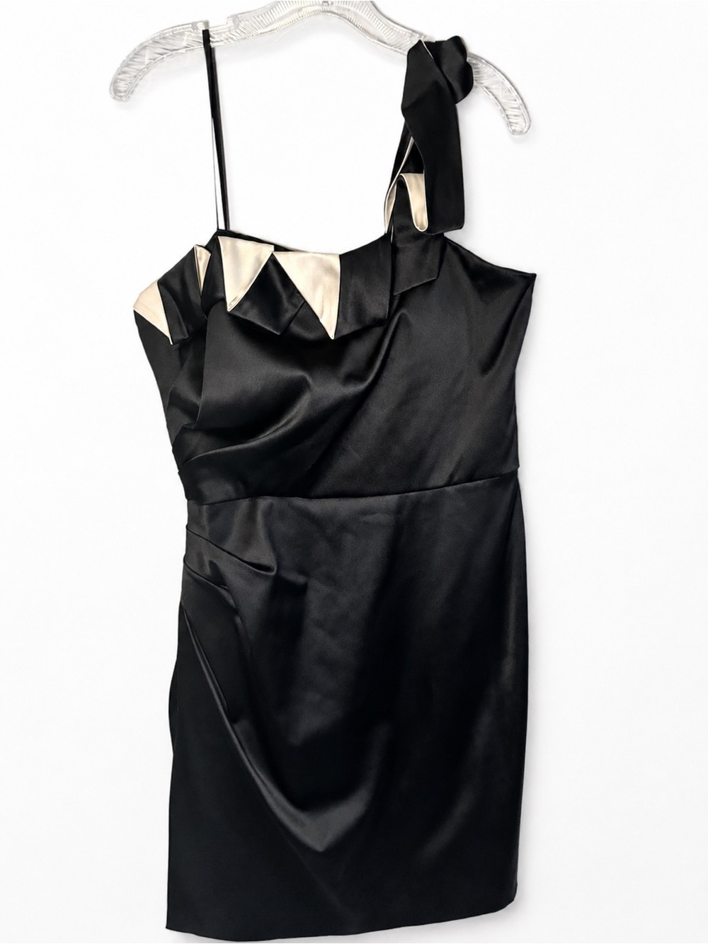 Black One-Shoulder Satin Cocktail Dress with Cream Trim Homecoming Wedding Guest